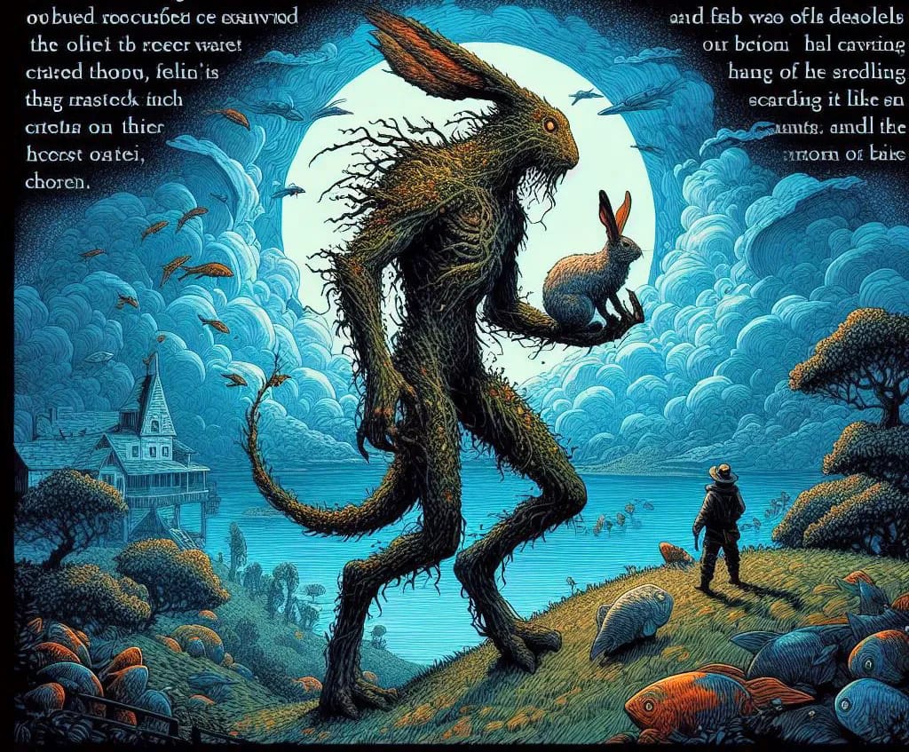 I saw this huge elemental creature; it looked like a tree. The fact that it was 100' feet tall and carrying a rabbit that was nearly as large as it, was the bit that scared me the most. I'd been out to poach some eggs from the farmer next door. His farm was on an artificial island in the middle of a giant lake; it was surrounded by thousands and thousands of fishes, of all descriptions and types.
