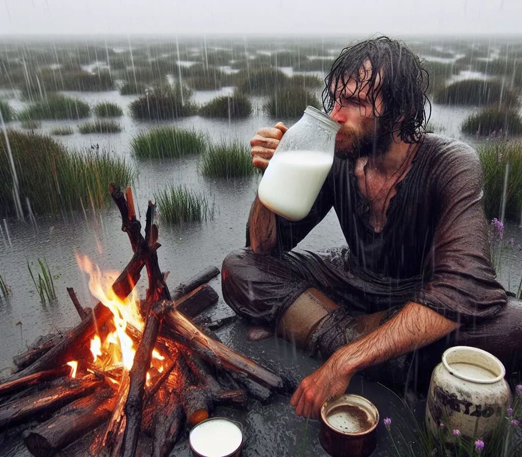 Drinking some kefir in the rain as the mud covered the marshland, unable to light a fire