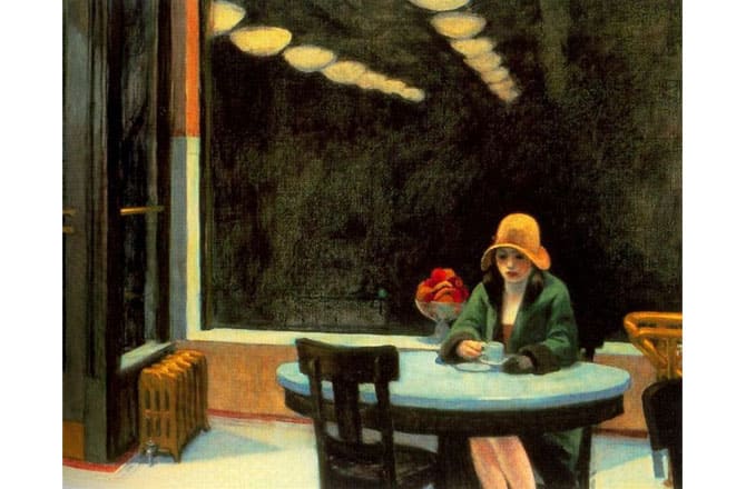 The painting portrays a lone woman with an orange-yellow hat, facing the viewer staring into a cup of coffee in an Automat at night. An empty chair faces her. A small free standing radiator sits to her right.The reflection of identical rows of light fixtures stretches out through the night-blackened window. As is often the case in Hopper's paintings, both the woman's circumstances and her mood are ambiguous. She is well-dressed and is wearing makeup, which could indicate either that she is on her way to or from work at a job where personal appearance is important, or that she is on her way to or from a social occasion. She has removed only one glove, which may indicate either that she is distracted, that she is in a hurry and can stop only for a moment, or simply that she has just come in from outside, and has not yet warmed up. But the latter possibility seems unlikely, for there is a small empty plate on the table, in front of her cup and saucer, suggesting that she may have eaten a snack and been sitting at this spot for some time. Hopper makes the crossed legs of the female subject the brightest spot on an otherwise dark canvas