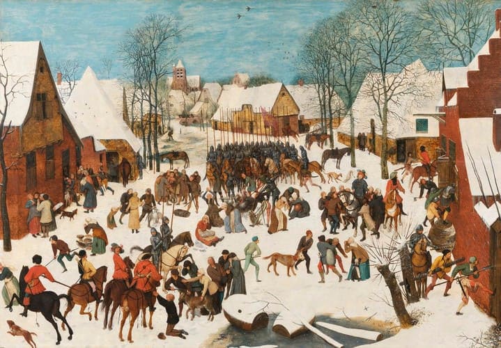 Typical Bruegel landscape, winter, snow capped straw and wooden huts with lots of peasants being killed by rich people, in gruesome and imaginative ways.