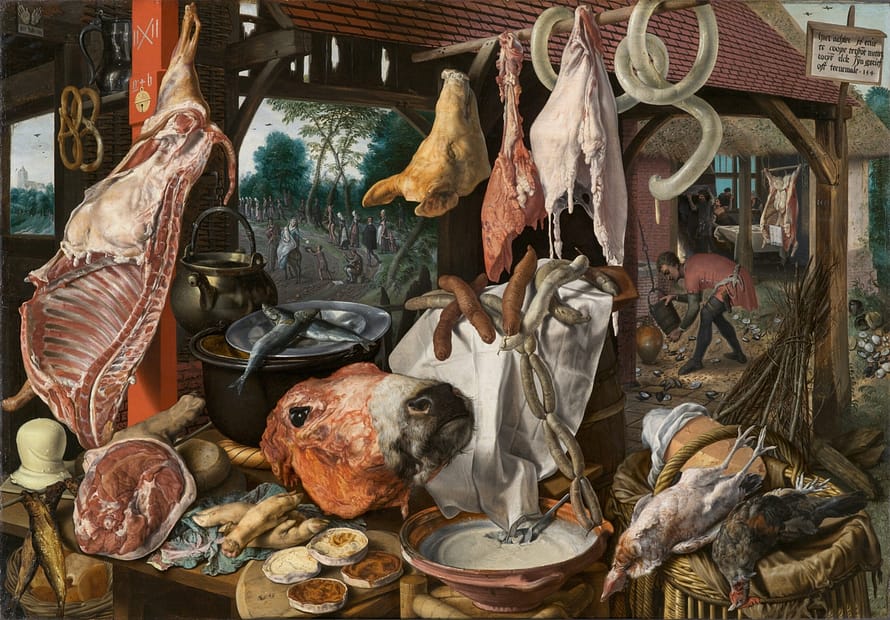 A Meat Stall with the Holy Family Giving Alms is a painting by the Netherlandish artist Pieter Aertsen (1508–1575).[3] It was completed in 1551.[4] A large painting, it depicts a peasant market scene, with an abundance of meats[5] and other foods. In the background, it shows a scene from the biblical theme of the flight into Egypt,[6] where the Virgin Mary is seen stopped on the road, giving alms to the poor.[3] Thus, although the painting seems to be at first sight an ordinary still life concentrating on foodstuffs, it is rich with symbolism; it in fact hides a symbolic religious meaning, and embodies a visual metaphor encouraging spiritual life. Aertsen made a name for himself during the 1550s painting scenes from everyday life in a naturalistic manner.