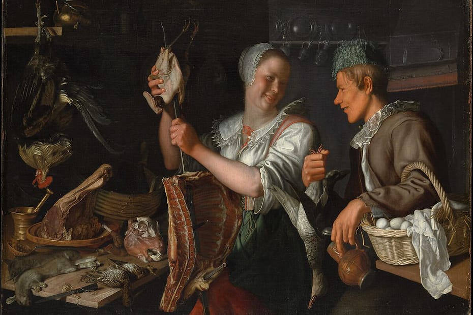 Typical of Dutch genre paintings from the first half of the seventeenth century, Wtewael’s kitchen scene abounds in visual jokes of a frankly erotic nature, such as the prominent display of meat on a skewer. The grins of housemaid and errand boy indicate their enjoyment of one another’s company, while the lavishly depicted foodstuffs surrounding them allude to the pleasures of the flesh. Such combinations of risqué humor with abundant still life elements had deep roots in Netherlandish painting.