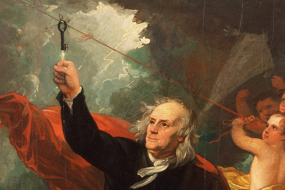 Ben Franklin holding aloft a key attached to a kite with the cherubs being assisting and providing the wind.