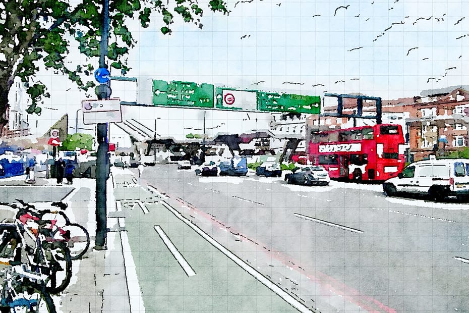 A photo processed through the Waterlogue iOS app which turns a photo of Vauxhall Cross, the traffic, overhead gantries and roads into a water colour.
