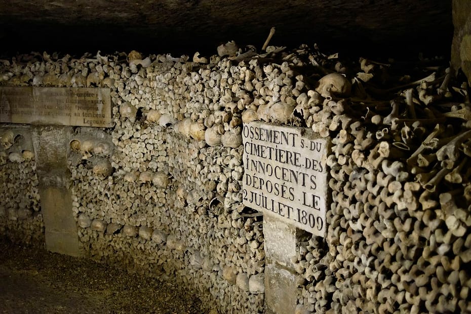 Skull and bones likely from the catacombs of Paris lying in an ossiary.