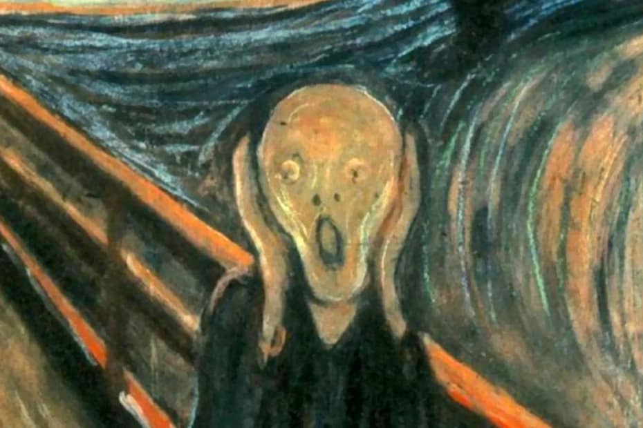 A close-up of the man in The Scream picture. just the head, clasped in his hands, the railings behind him and the swirling red and black current behind him.