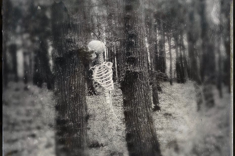 A ghostly plastic upper half of a human skeleton has been attached to the tree in the woods close to Grafham Water.