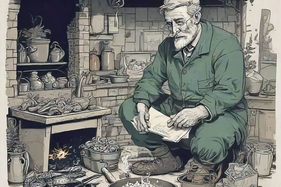 the allotment owner keeps a snake there; he's sitting reading a letter whilst cooking a pot of rice over an open fire